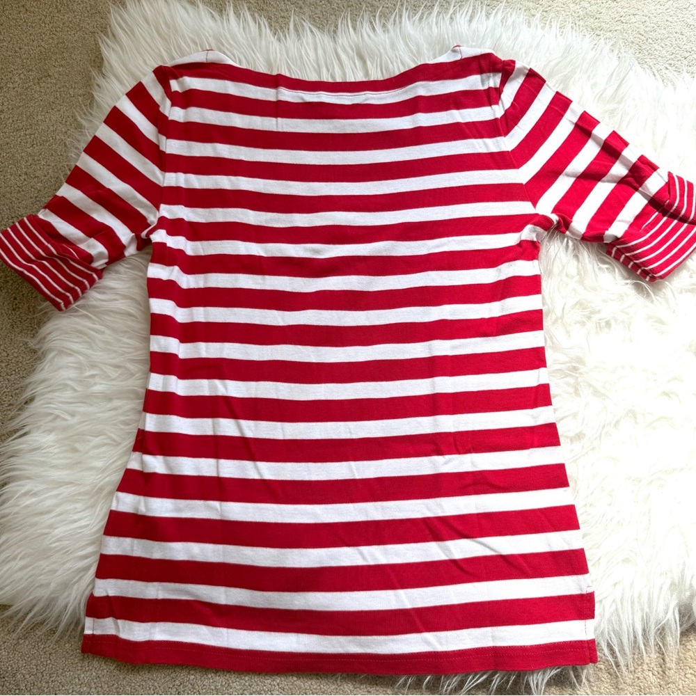 Y2K Lauren Ralph Lauren Shirt Womens Red Striped Cotton Cuffed Sleeves Size M